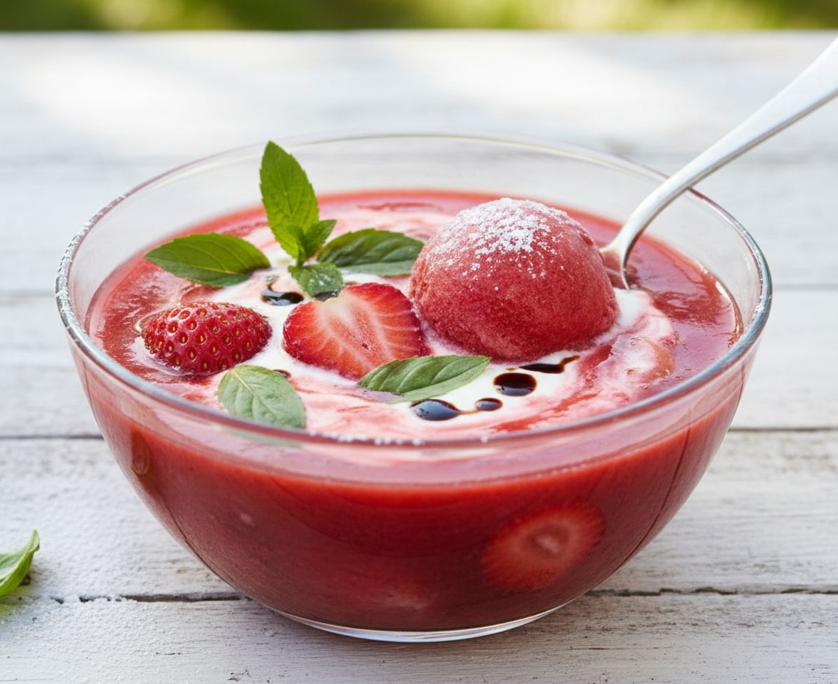 soupe de fraise à la menthe et au basilic