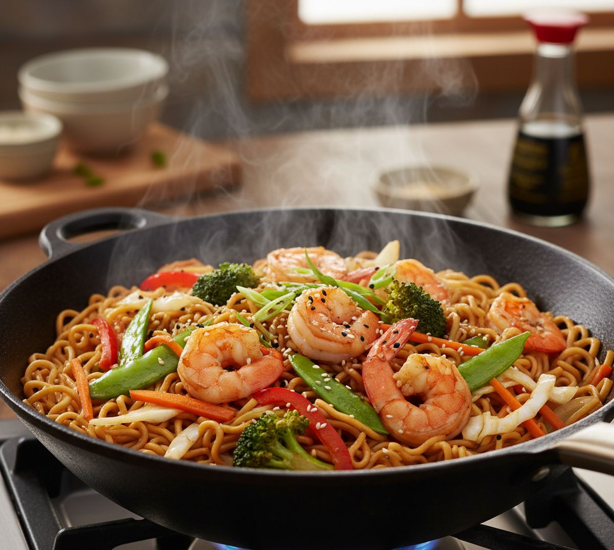 Wok de crevettes aux nouilles et aux légumes recette facile et rapide